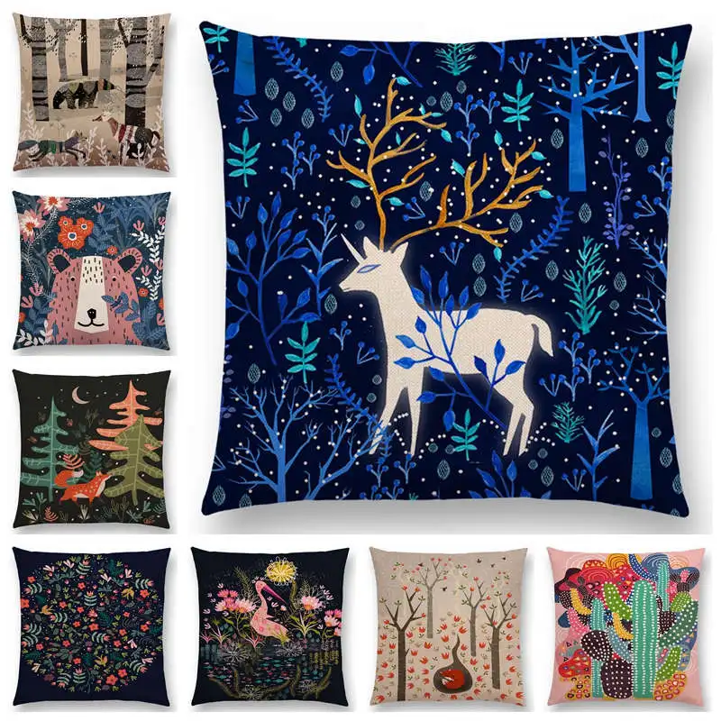 

Чехол с изображением животных, сказочной весенней цветочной детской подушки для дивана, чехол для медведя, лисы, единорога, медведя, птиц, цветов, листьев