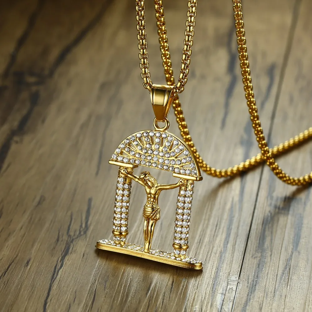 

Mens CZ Door Jesus Crucifix Pendant Necklace in Golden Stainless Steel Religious Hip Hop Male Jewelry 24