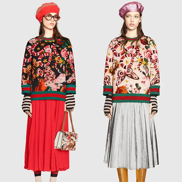 Италия Элитный бренд кофты знаменитости леди змея бабочка с цветочным принтом с вышитой надписью шить вязать капюшоном Блузка
