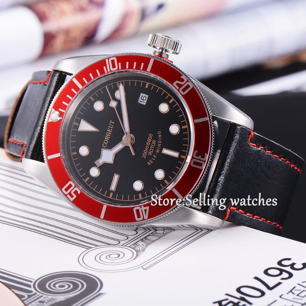 

41mm corgeut black dial red bezel Automatic movement diving mens watch