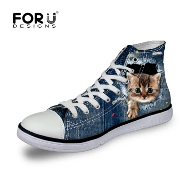 FORUDESIGNS/джинсовая парусиновая обувь с высоким берцем для девочек-подростков; женская повседневная обувь с милым принтом кота; обувь с животными синего цвета; Chaussure Femme - Цвет: CA4912AK