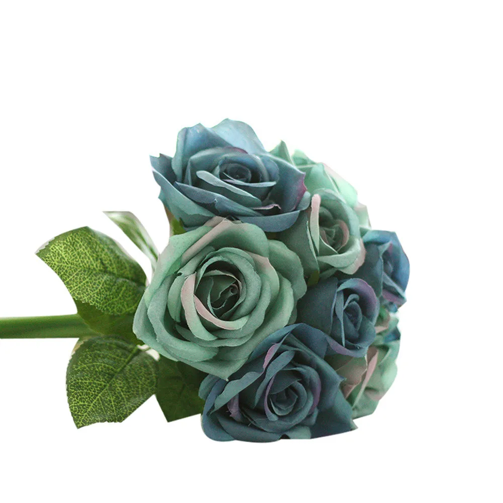 9 Heads Artificial Silk Fake Flowers Leaf Rose Wedding Floral Decor Bouquet Flowers for Home Wedding Decoration indoor#T1P