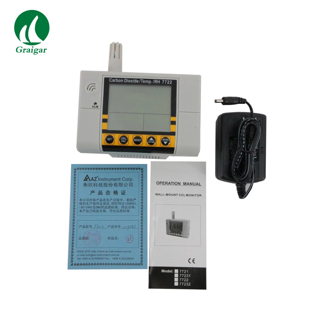 

New AZ7722 Wall-mounted Carbon Dioxide CO2 Gas Detector Temperature Humidity RH Meter with Alarm AZ-7722 AZ 7722