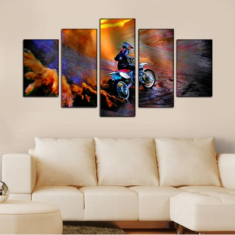 5 Panels Printed Canvas Painting Motorcycle Racing Motorcross Poster