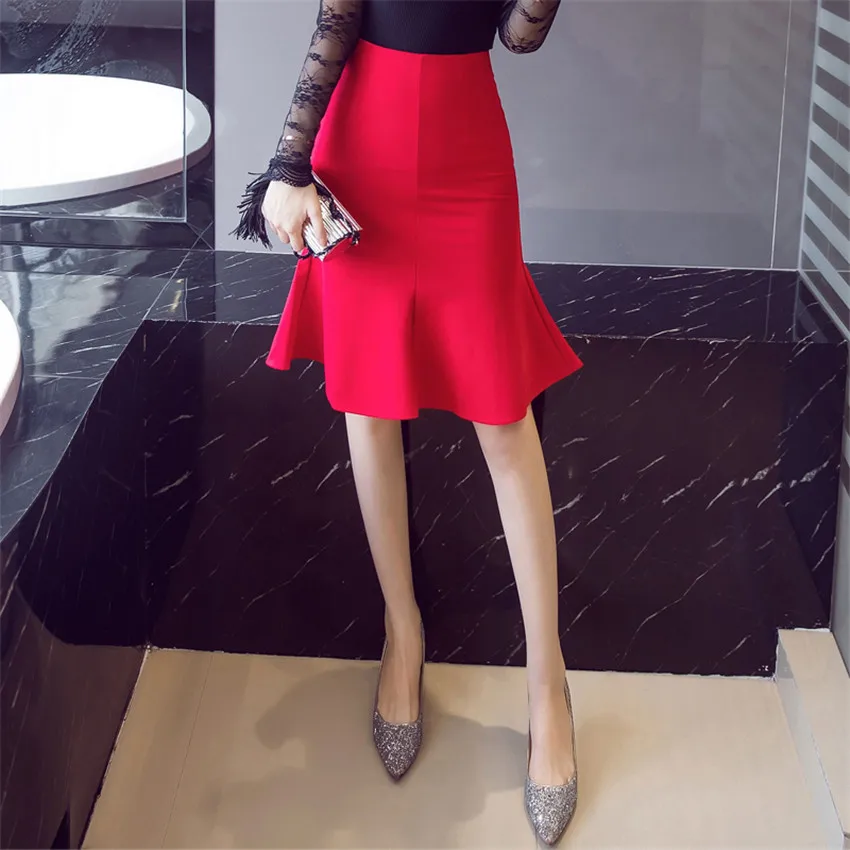 4XL 5XL красные, черные Большие Размеры Юбки для Для женщин элегантные офисные юбки для дамы рюшами Bodycon Meramaid юбка Saia Миди