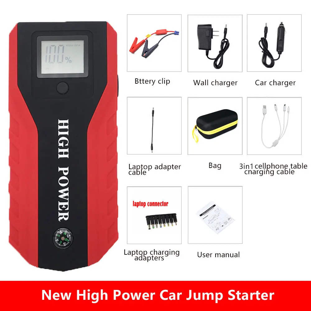 

High Power Multifunction Jump Starter LED Screen Huge Capacity Battery Power Bank Warning Flashlight Red Box Packed Car Charger
