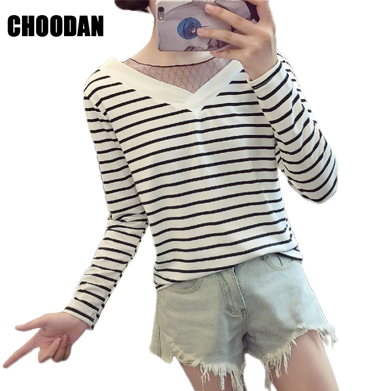 Striped T Shirt Women Mesh Patchwork Sexy V-neck Long Sleeve Knitted Tops Tees Spring Autumn Fashion 2018 Casual Shirts Female |