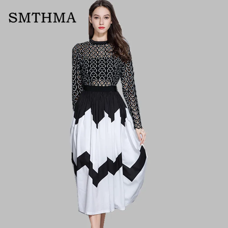 

SMTHMA High quality luxury runway Designer Self Portrait Dress Women's Lace Patchwork Pleated Long Dress