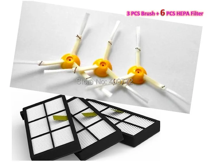 

9 Pieces (3PCS brush +6PCS filter) 3-Arm Side Brush and HEPA filter for iRobot Roomba 800 900 series 870 880 980 Cleaners Parts