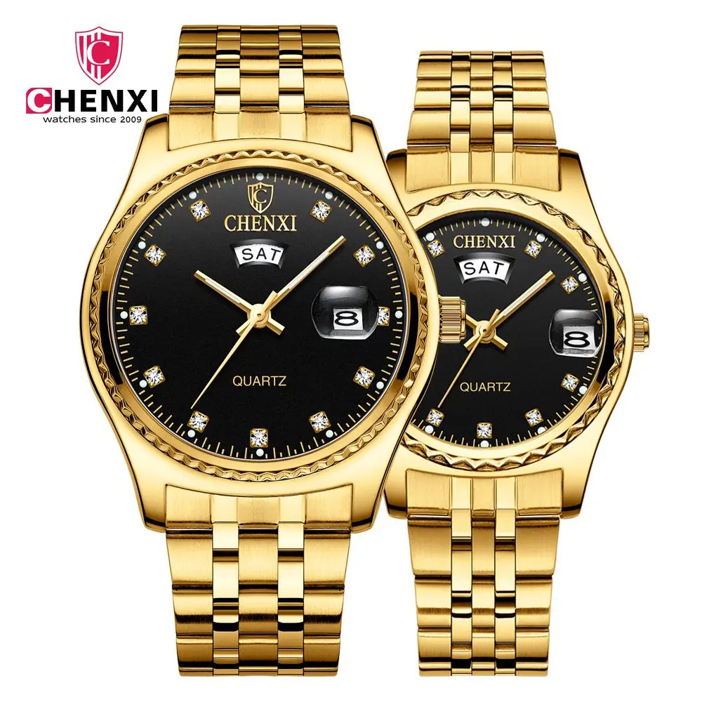 

Luxury Gold Steel Couple Watches CHENXI Brand Women&Men Business Dress Watch Sytlish Rhinestone Lover's Quartz Clocks Waterproof