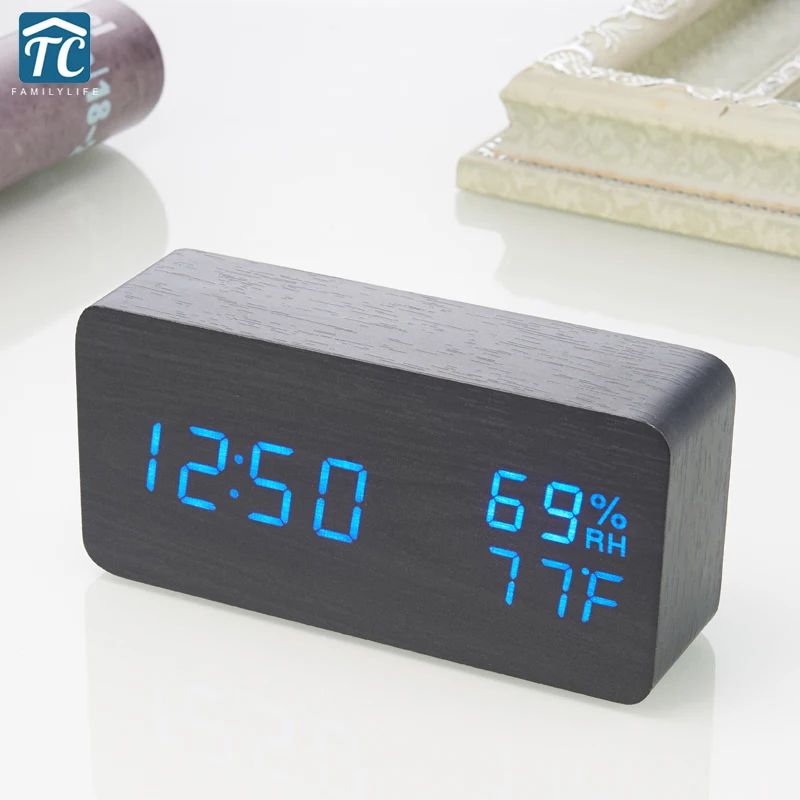 Wooden LED Alarm Clock with Temperature Humidity Sounds Control