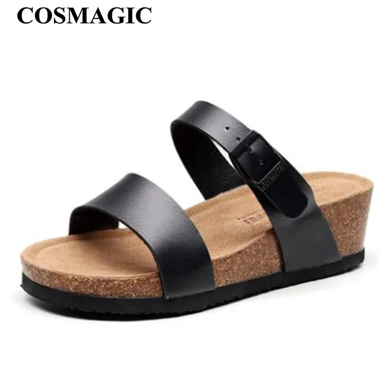 

COSMAGIC 2019 New Summer Beach Med Heel Cork Slide Slippers Casual Women PU Leather Wedge Platform Clogs Flip Flops Shoe