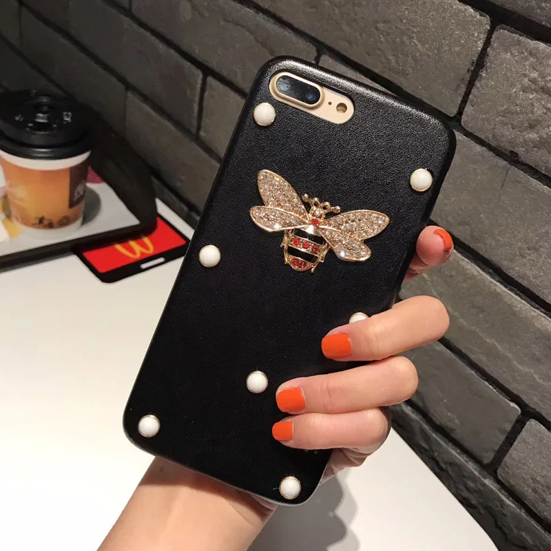 

Luxury Leather 3D Metal Bee Pearl Phone Cases PU Material Fashion For iPhone X 7 6 6S 7 8Plus Back Cover Coque