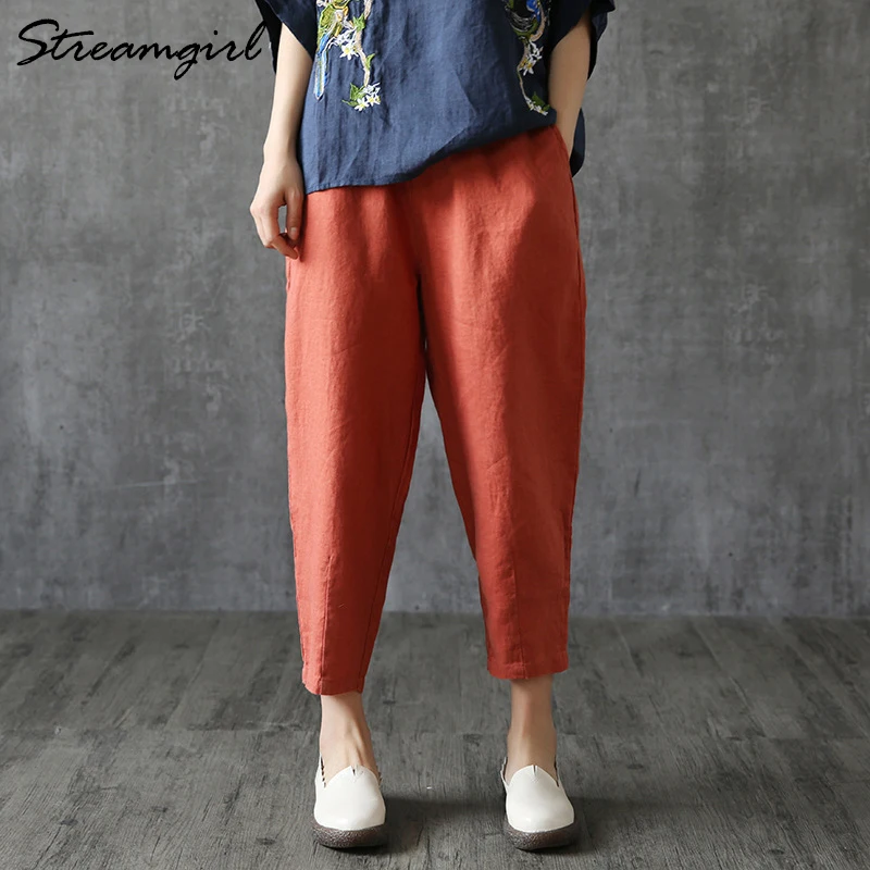 Vintage Women Linen Pants Plus Size 2019 Summer Pant Capris Loose Thin Fabric Cotton Solid Color Harem Women|Брюки |