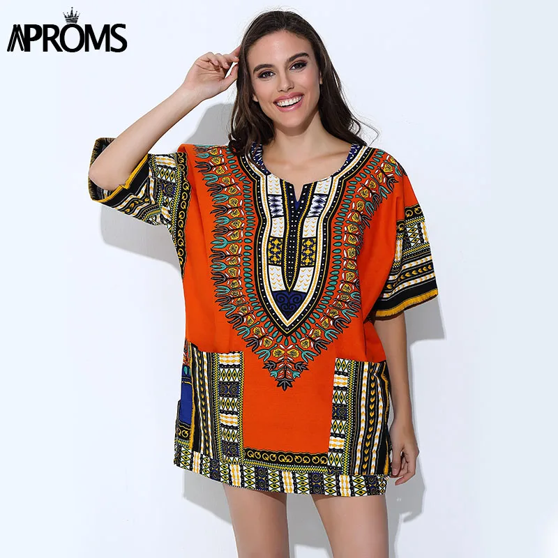 

Aproms Traditional African Clothing for Women Shirt Unisex Orange Classic Cotton Dashiki Tops Plus Size Summer Print Blouse