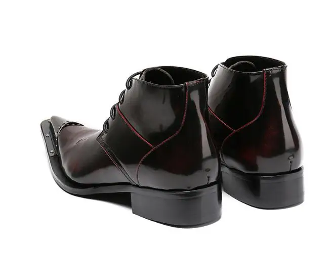 Цвет красного вина Мужские ботинки острым металлическим носком Кружево-Up Для Мужчин's Ботильоны Бизнес кожаные сапоги для Для мужчин Мужская обувь, EU38-46