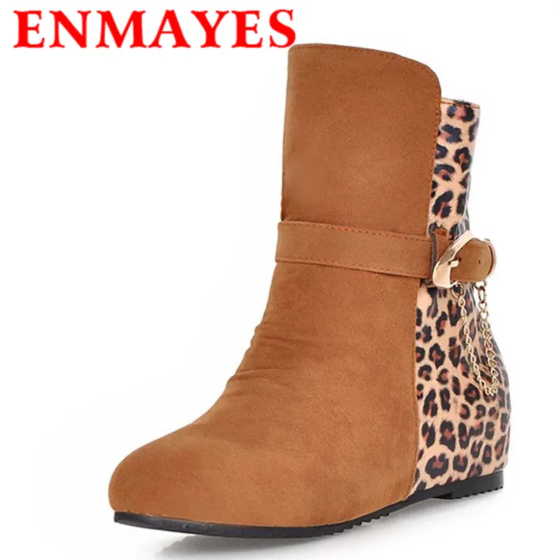 

ENMAYES Autumn Winer Nubuck Buckle Ankle Boots Slip-On Height Increasing Flats Boots Women Fashion Mixed Color Leopard Boots