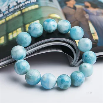 

17mm Genuine Natural Blue Larimar Gems Stone Crystal Big Stretch Round Bead Powerful Woman Men Bracelet Water Pattern AAAAA