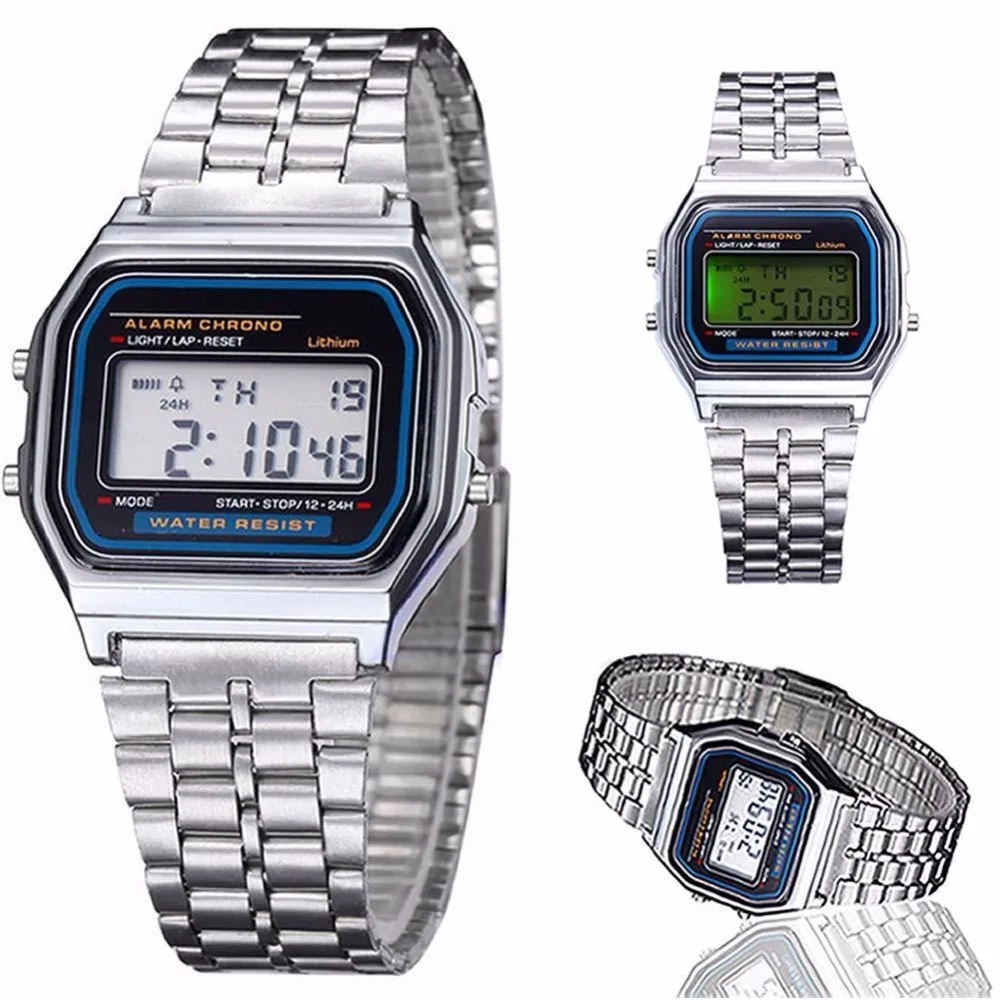 

Elegant Women Retro Stainless Steel LCD Digital Sports Stopwatch Watch Silver