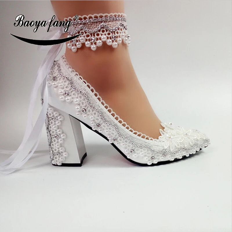 BaoYaFang New Arrival Thick Heel Pointed Toe Womens Wedding Shoes High Heels ladies fashion shoes woman White Lace ankle strap цена BaoYaFang New Arrival Thick Heel Pointed Toe Womens Wedding Shoes High Heels ladies fashion shoes woman White Lace ankle strap цены онлайн