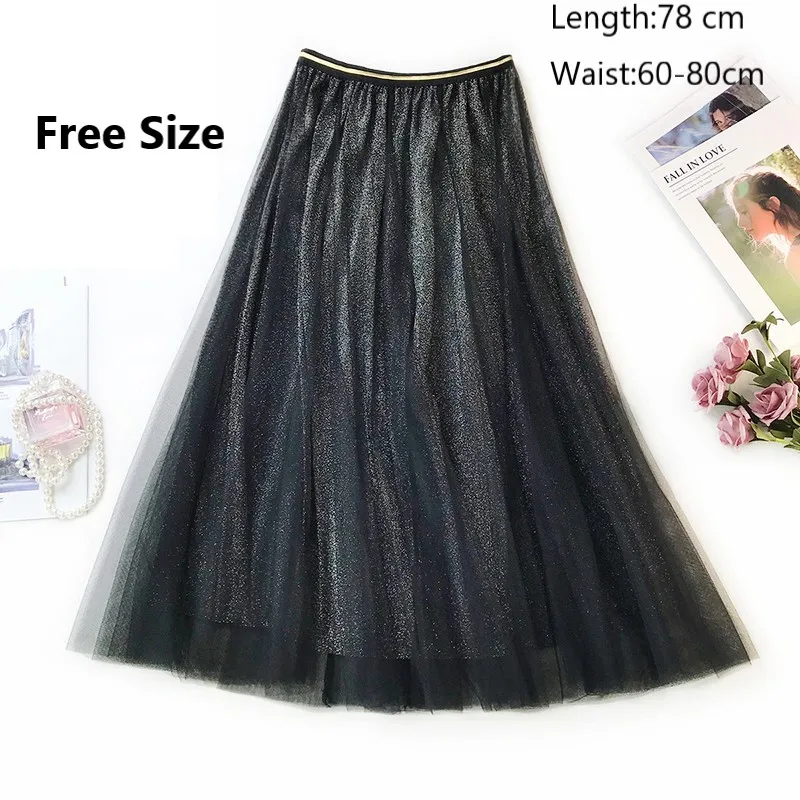 

Free Size Women Spring 2 Layers Mesh Skirt Elastic High Waist A-line Shining Skirt Sweet Girls Midi Skirts For Saias Femininas