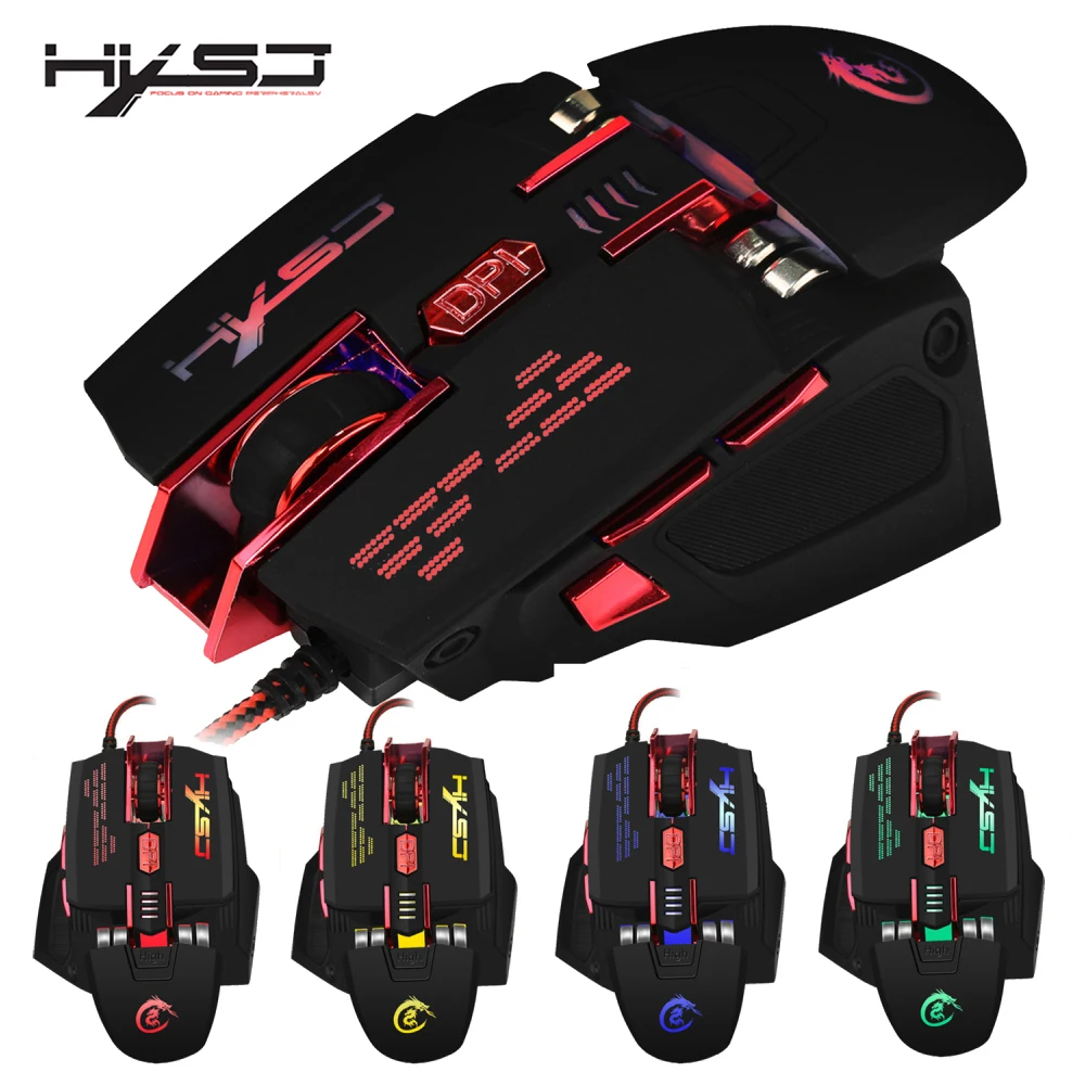 Koop HXSJ 7 toetsen Macro programmering gaming muis vier kleuren glow muis 4000 dpi twee hand rest en configuratie gewicht verstelbare