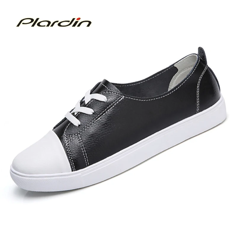

Plardin New Women Leisure Concise Shoes Woman Leather Lace Up Sneaker Flats Solid Color Sewing Women Shoes ladies shoes