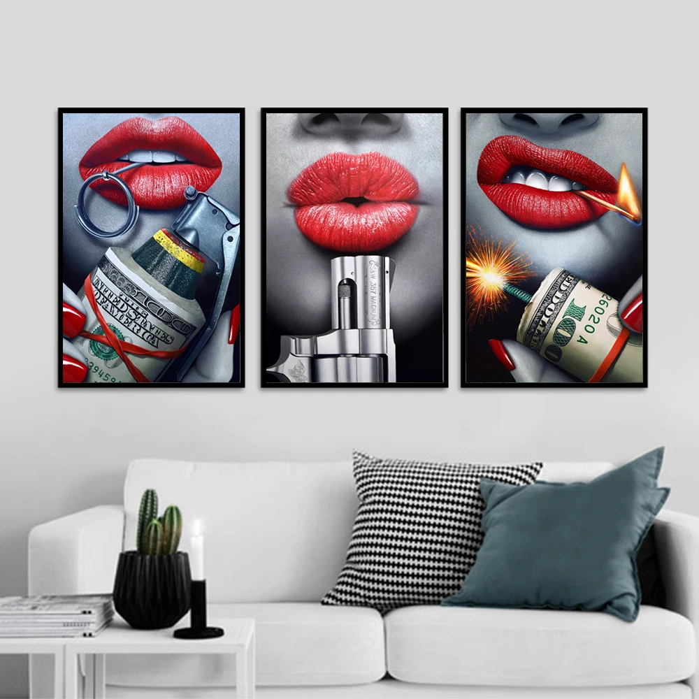 

Fashion Art Canvas Painting The Red Lips Gun Money Wall Art Picture For Living Room Modern Home Decoration Posters And Prints