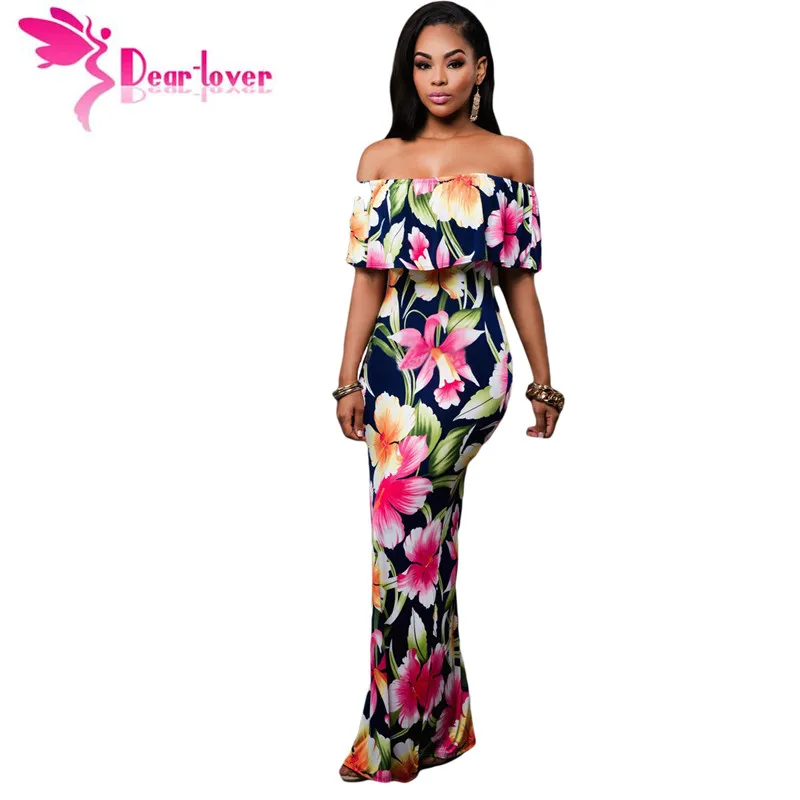 

Dear-Lover Off-the-shoulder Maxi Dresses Summer 2017 Holiday Party Navy Blue Roses Print Gowns Vestido Festa Largo Robes LC61189
