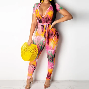 

Vintage Print Bandage Mesh Hollow Out Sexy Women Club Jumpsuits Deep V Short Sleeve Skinny Holiday Casual Rompers Jumpsuit 2019