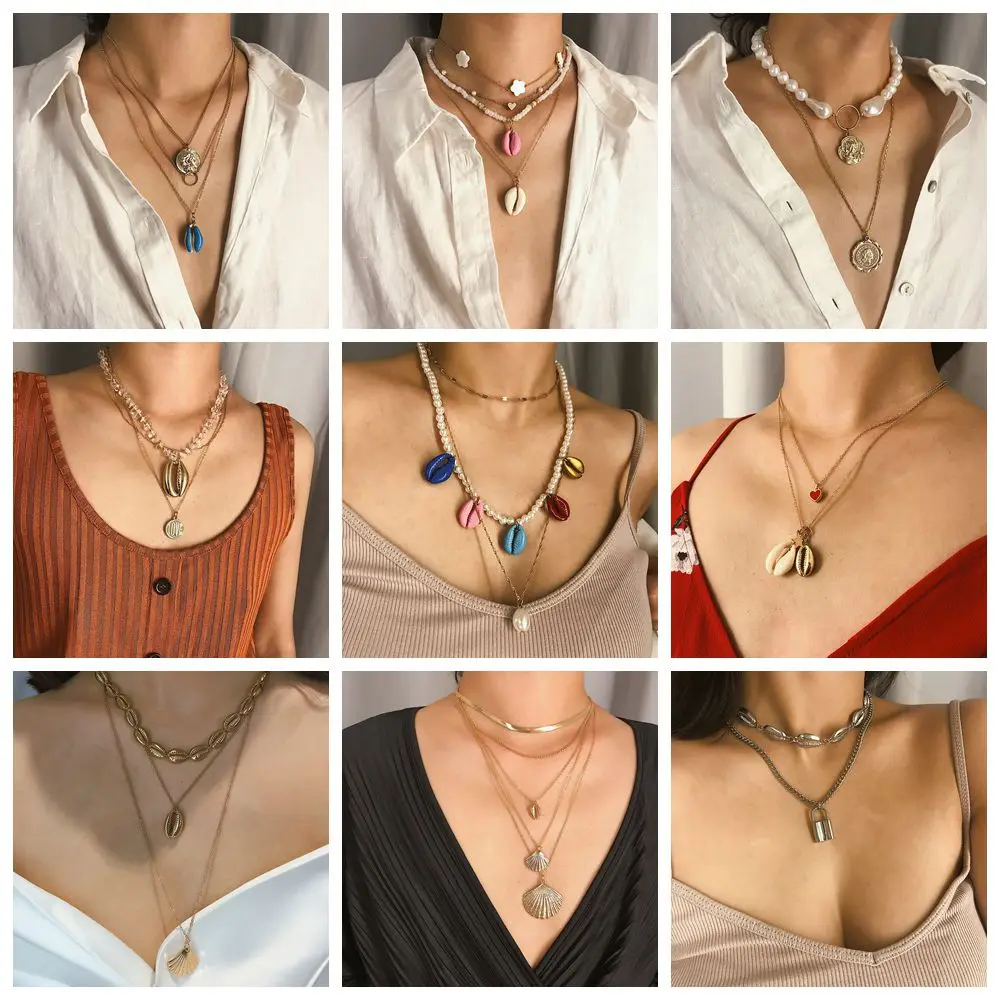 Women Pearl Shell Charm Multilayer Necklace Boho Choker Gold Long Chain