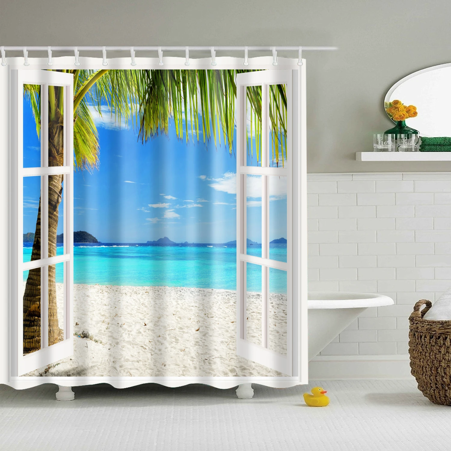 Blue Sky sea Landscape False window Shower Curtain wash Bathroom shower Waterproof Mildewproof Decor with hooks 180x200 cm large - Цвет: TZ170901