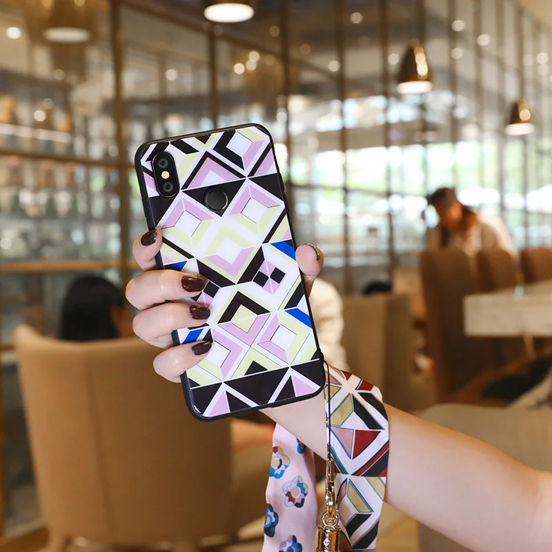 colorful geometric image design tempered glass rope soft silicon case For Xiaomi Mi 6X A2 Mi6 M6 5X A1 Note3 |