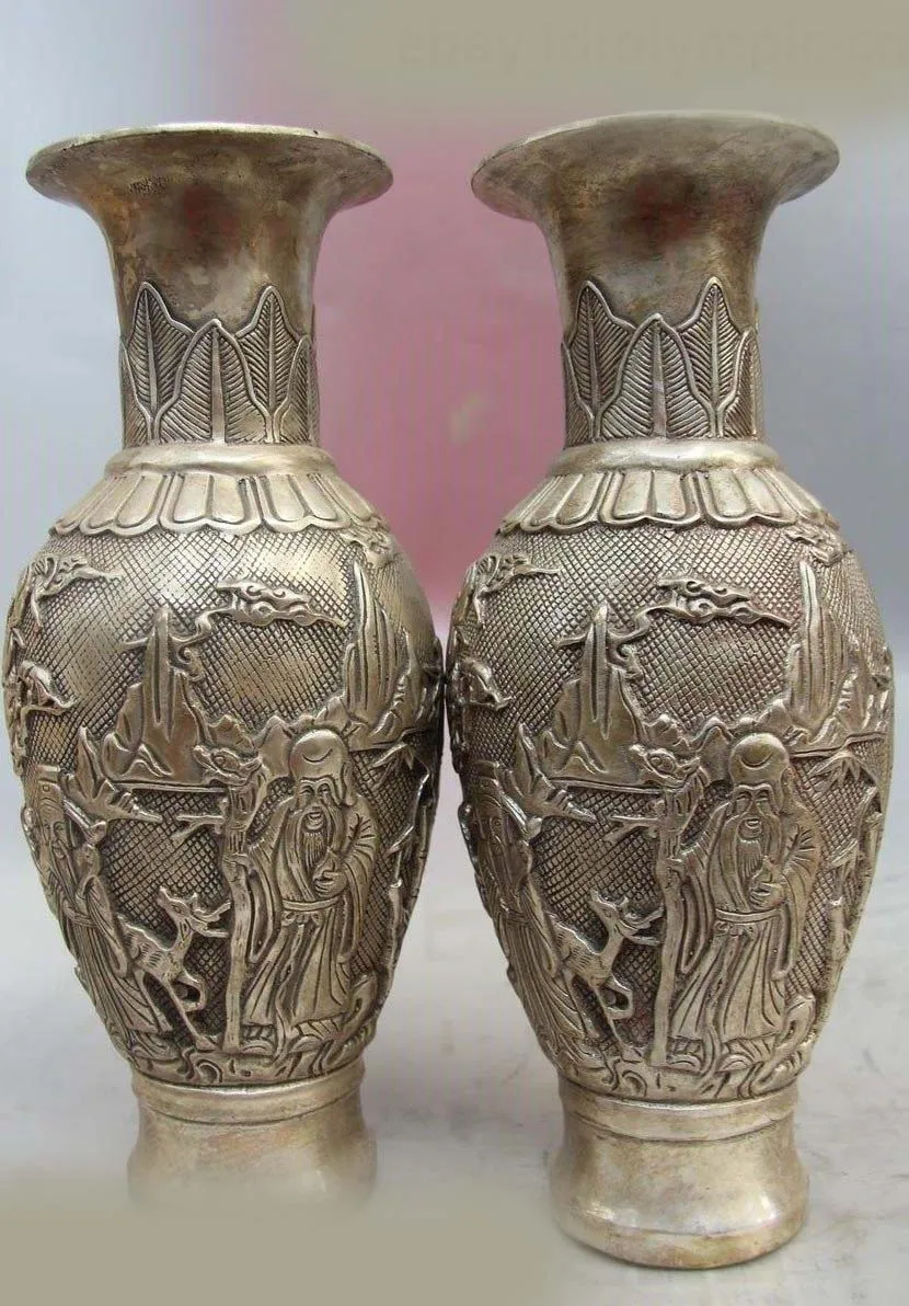 

China Tibet Silver Bamboo Peache Fu Lu Shou Buddha Bottle Pot Vase Pair Statue
