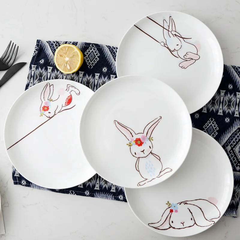 

Creative Rabbit Ceramic Breakfast Plate Dessert Cake Disc Bone Porcelain 8 Inch Disc Cute Plate Dinner Dish Round Cartoon