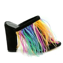 

Women Sandals Pumps Summer Brand Fur mixcolor Feather High Heel slipper Women Wedding black Pumps Shoes Plus Size 36