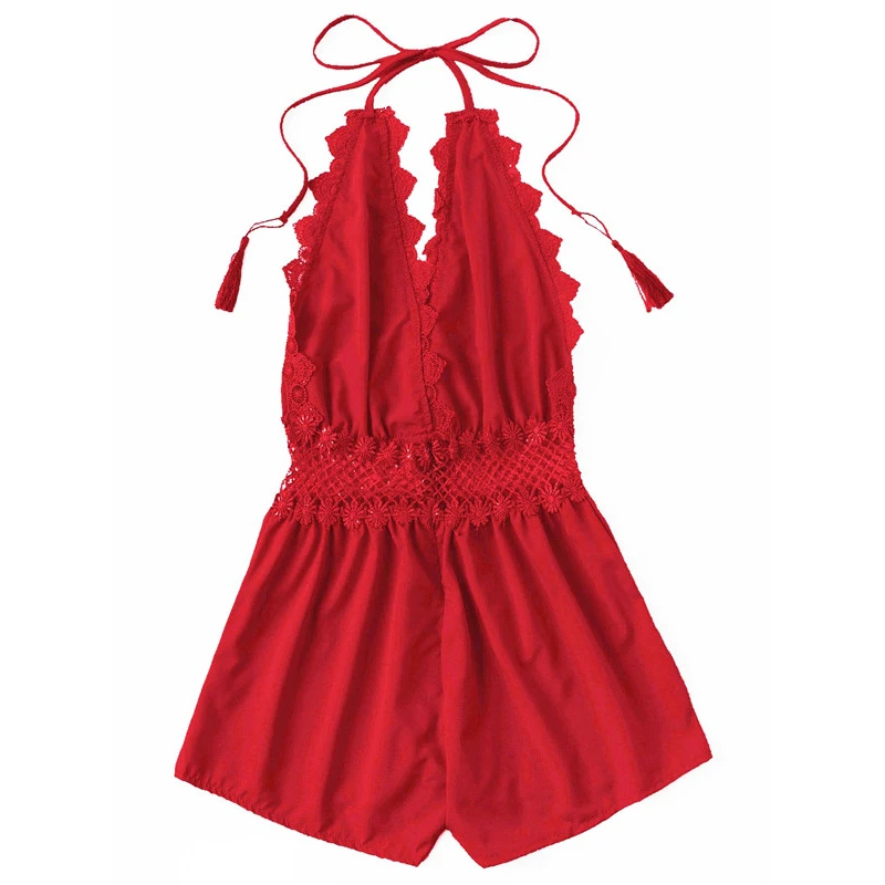 ROMWE Red Lace Trim Sexy V Neck Backless Fringe Halter Rompers Women Open Back Mid Waist Short Straight Leg Summer Playsuits