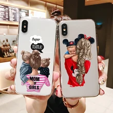 Модный мягкий силиконовый чехол из ТПУ с черными коричневыми волосами для мамы и дочки, чехол для телефона для iPhone 11 Pro MAX 5S 6 6S 7 8Plus XS XR X10