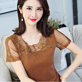 

Cool Summer Lady Breathable Lace T-Shirts Plus Size M-3XL Hot Drilling Design Tops 2018 Women Casual Black Tees