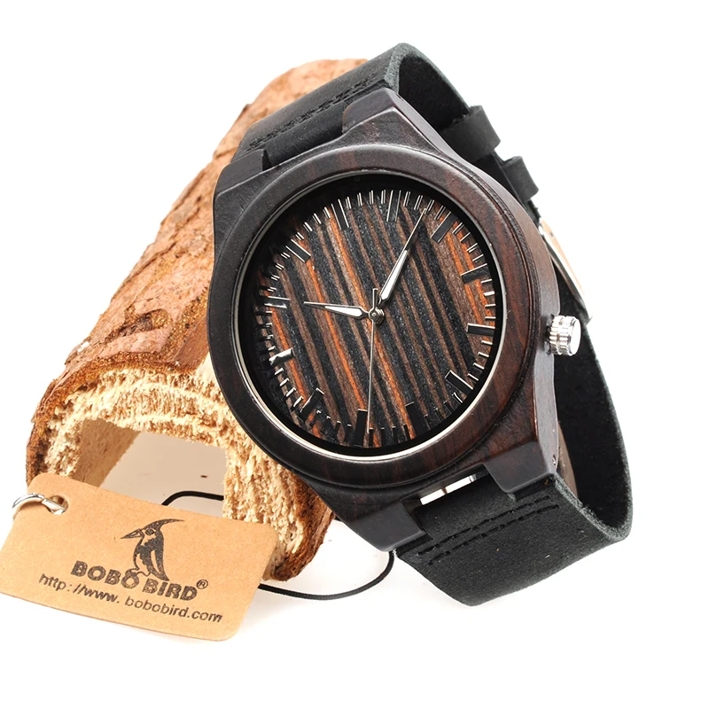BOBO BIRD WB13 Ebony Wooden Watch Cool Lug on 4 O'Clock Wood Dial Face Leather Band Watches for Men
