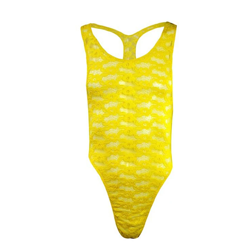 

Sexy Men Lingerie One-piece Floral Lace Semi See-through Bodysuit Underwear Sleeveless High Cut Jumpsuit Costume bodysuit men