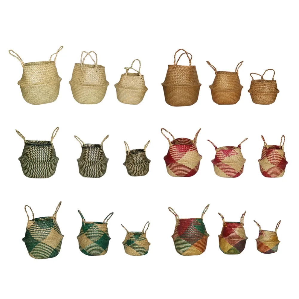 

Hanging Foldable Natural Seagrass Woven Storage Pot Home Garden Decorative Supplies Flower Vase Storage Bellied Basket 1 Pc