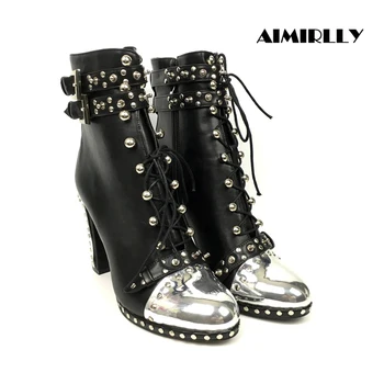 

Women's Ankle Boots Pointed Toe High Heels Silver Rivets Lace Up Booties Buckle Strap Side Zip Ladies Fashion Winter Footwear
