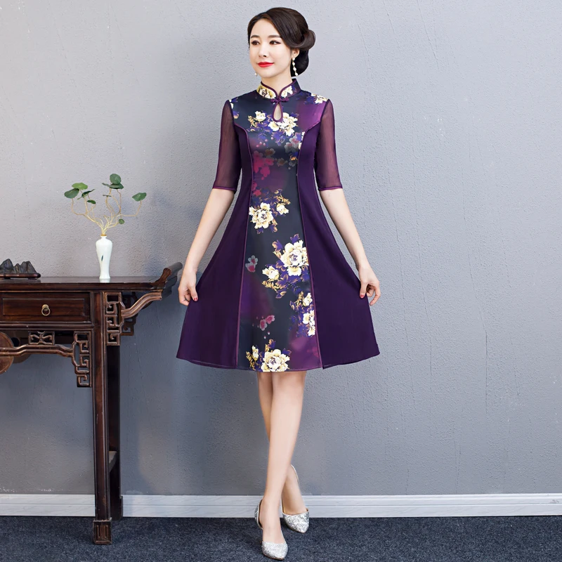 2020 Spring Women Sexy Chiffon Dress Print Flower Chinese Style Evening Party Qipao Handmade Button Vintage Cheongsam M-3XL