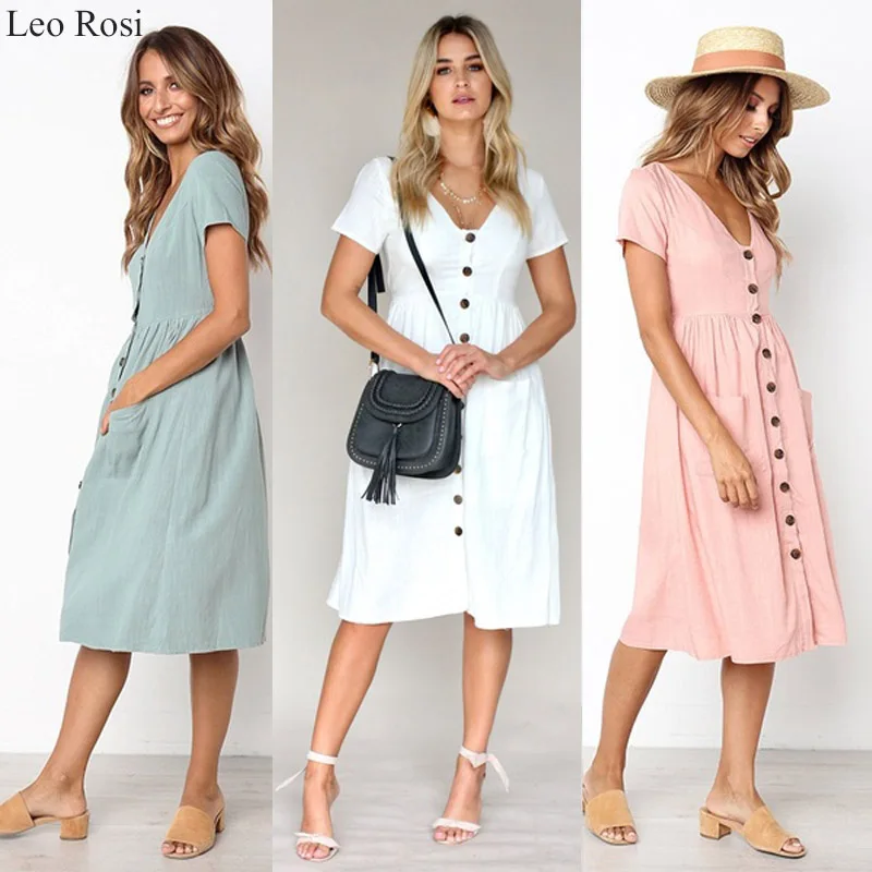 

Leo Rosi Summer Women Dress 2019 Vintage Sexy Bohemian Tunic Beach Dress Sundress Pocket Red White Dress Striped Female DT74
