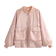 Винтажная Женская атласная куртка-бомбер с большим карманом, базовое пальто с вышивкой сзади, Байкерская Ретро верхняя одежда на молнии, осенняя верхняя одежда