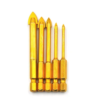 

5pcs/set 3/4/6/8/10mm Titanium Coated Glass Drill Bit Set Power Tool Accessories 1/4" Hex Shank Glass Hole Opener Drilling Bit