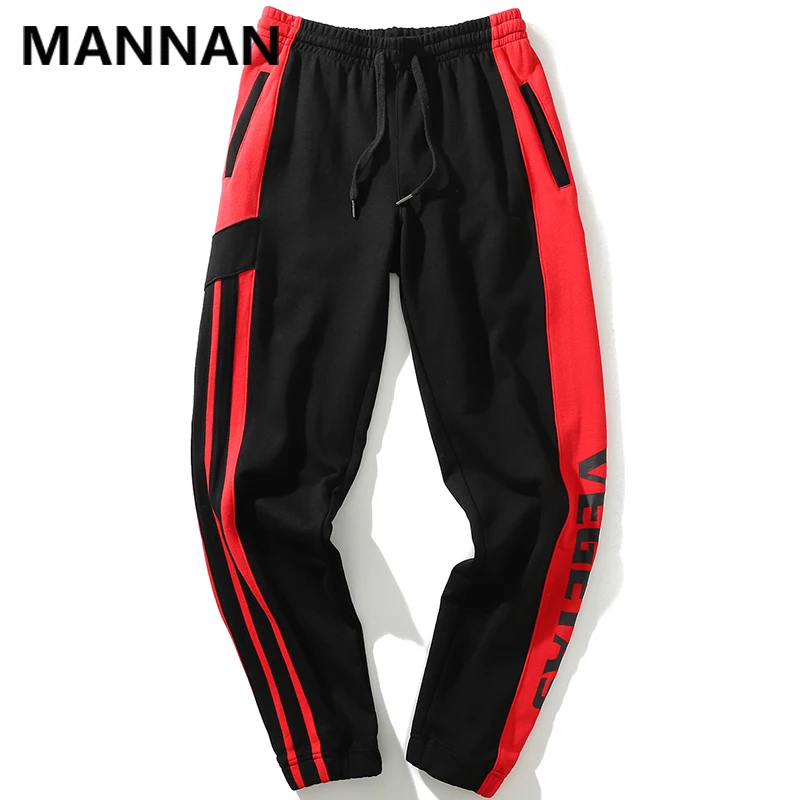 

Side Striped Color Block Mens Sweatpants Drawstring Loose Pockets Black Baggy Hip Hop Track Pants Pantalon Homme Male Trousers