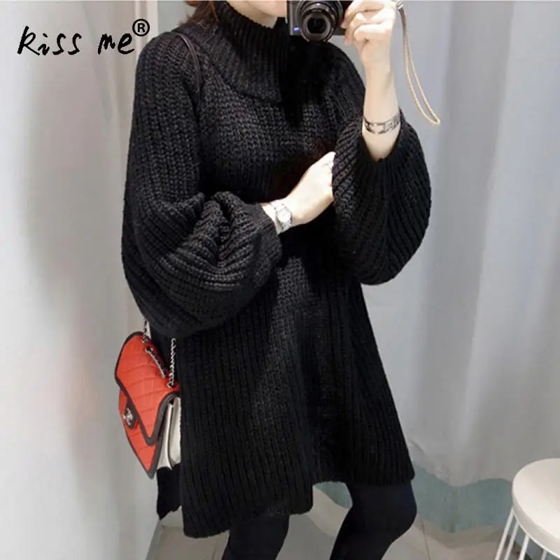 2018 Women half Turtleneck Oversize Pullover Long Sleeve Knitted Sweater female Winter Casual Women Split Sweater black fashion Sweaters