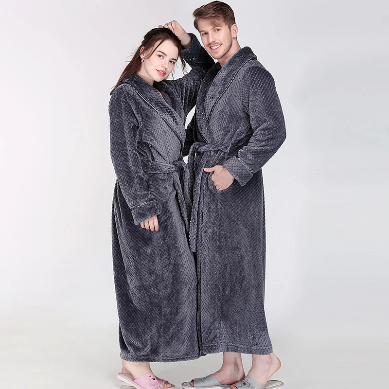 Men Women Winter Extra Long Thicken Grid Flannel Warm Bath Robe Luxury Soft Thermal Bathrobe Mens Dressing Gown Male Sexy Robes